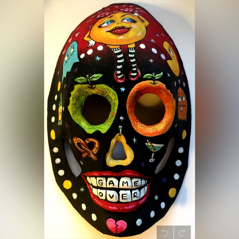 Ms. Pac Man Hand-Painted gamer ghost Mask One-of-a-kind Art piece by Liz Carroll